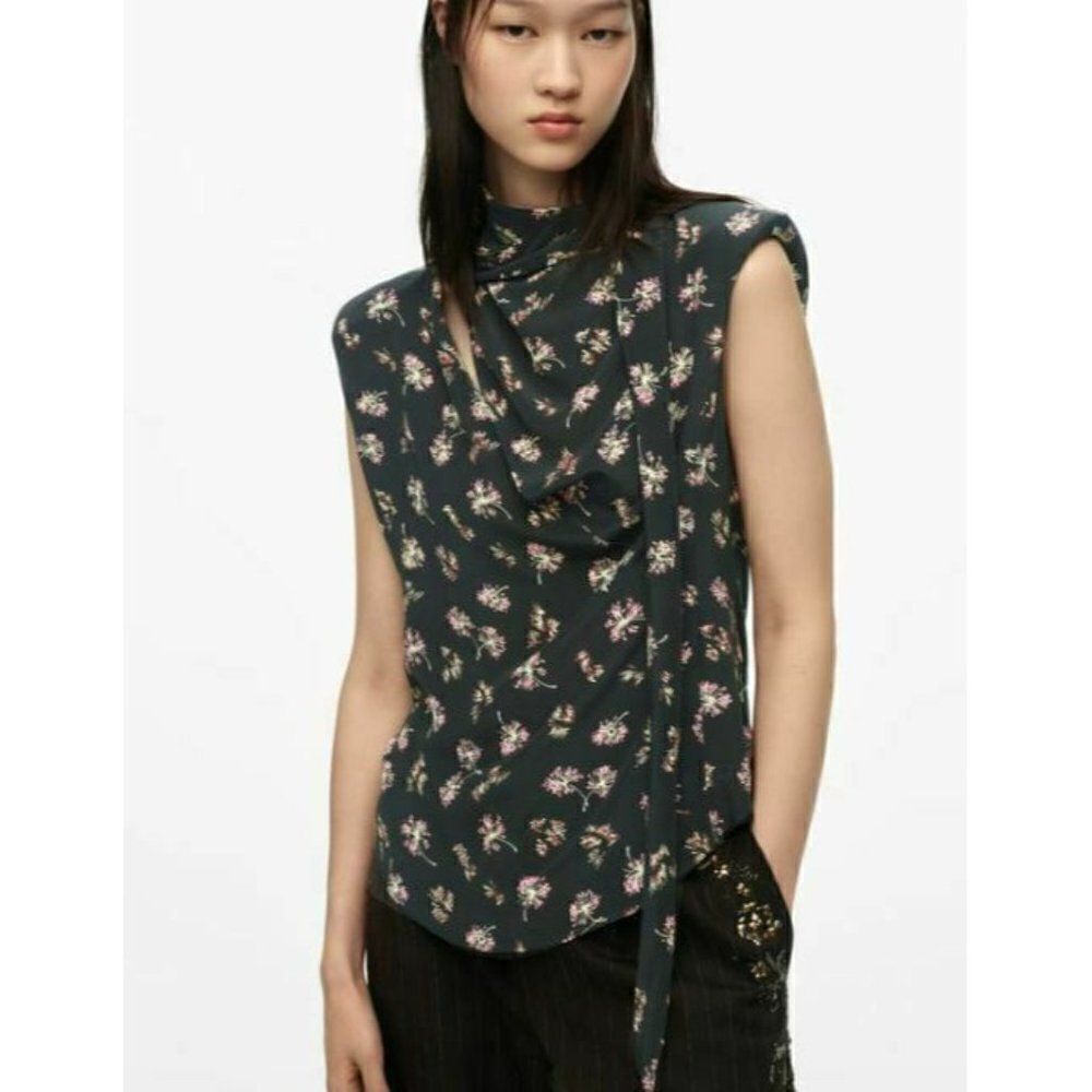 Zara Womans Blouse Shirt Top Size L Gray Floral Kitten Bow Tie 6929/100 NWT